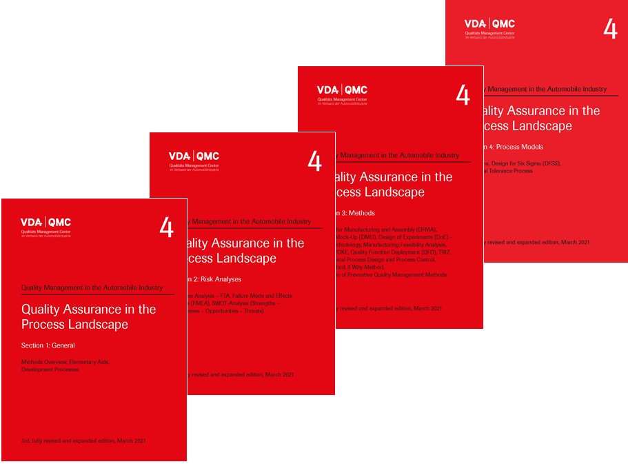 Publikácie  VDA Volume 4 - Quality Assurance in the Process Landscape. Bundle of Sections 1-4: General, Risikoanalysen, Methoden und Vorgehensmodelle. 3rd, fully revised and expanded edition, March 2021 1.3.2021 náhľad